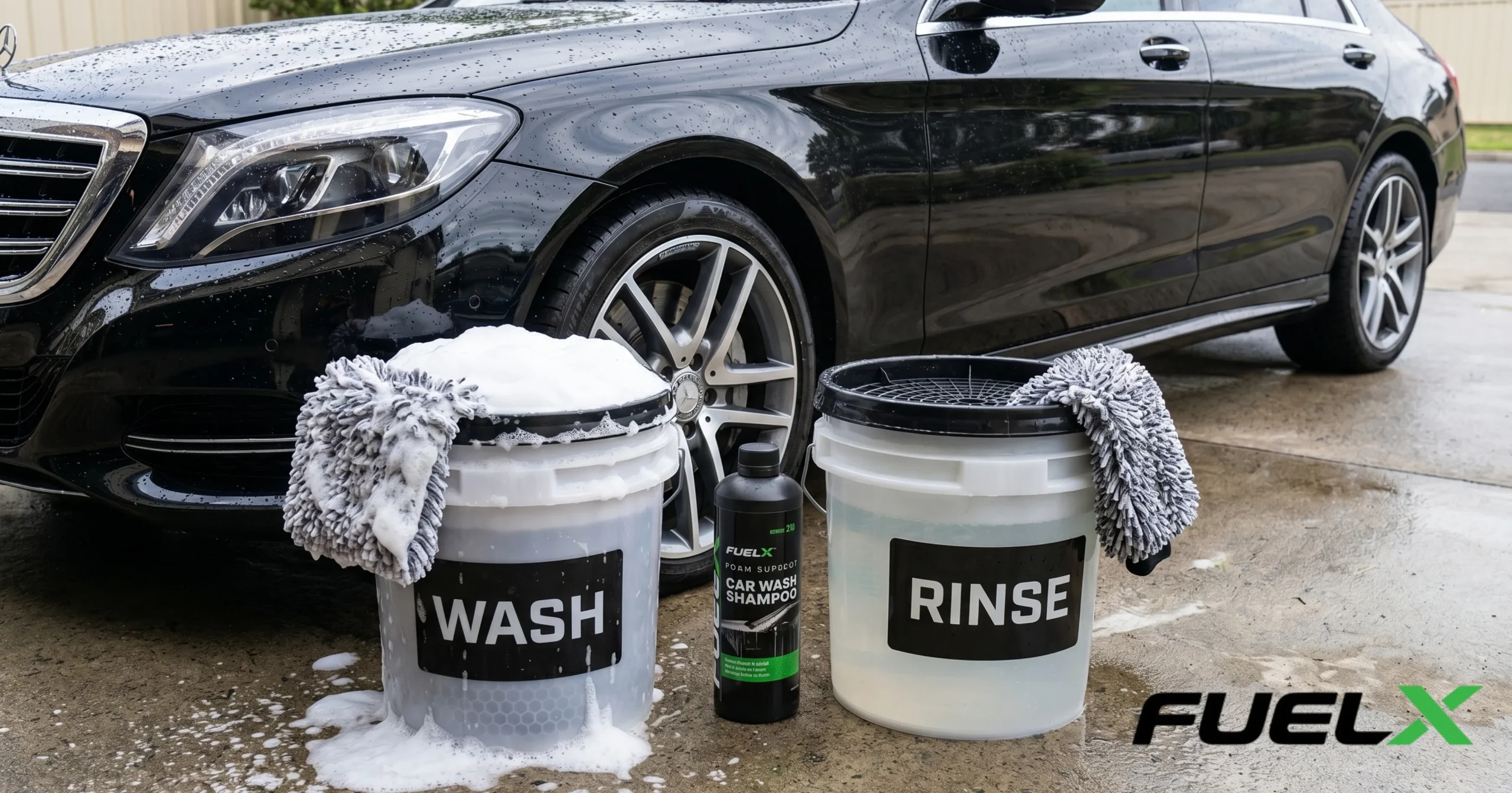 Two bucket method for safe car washing