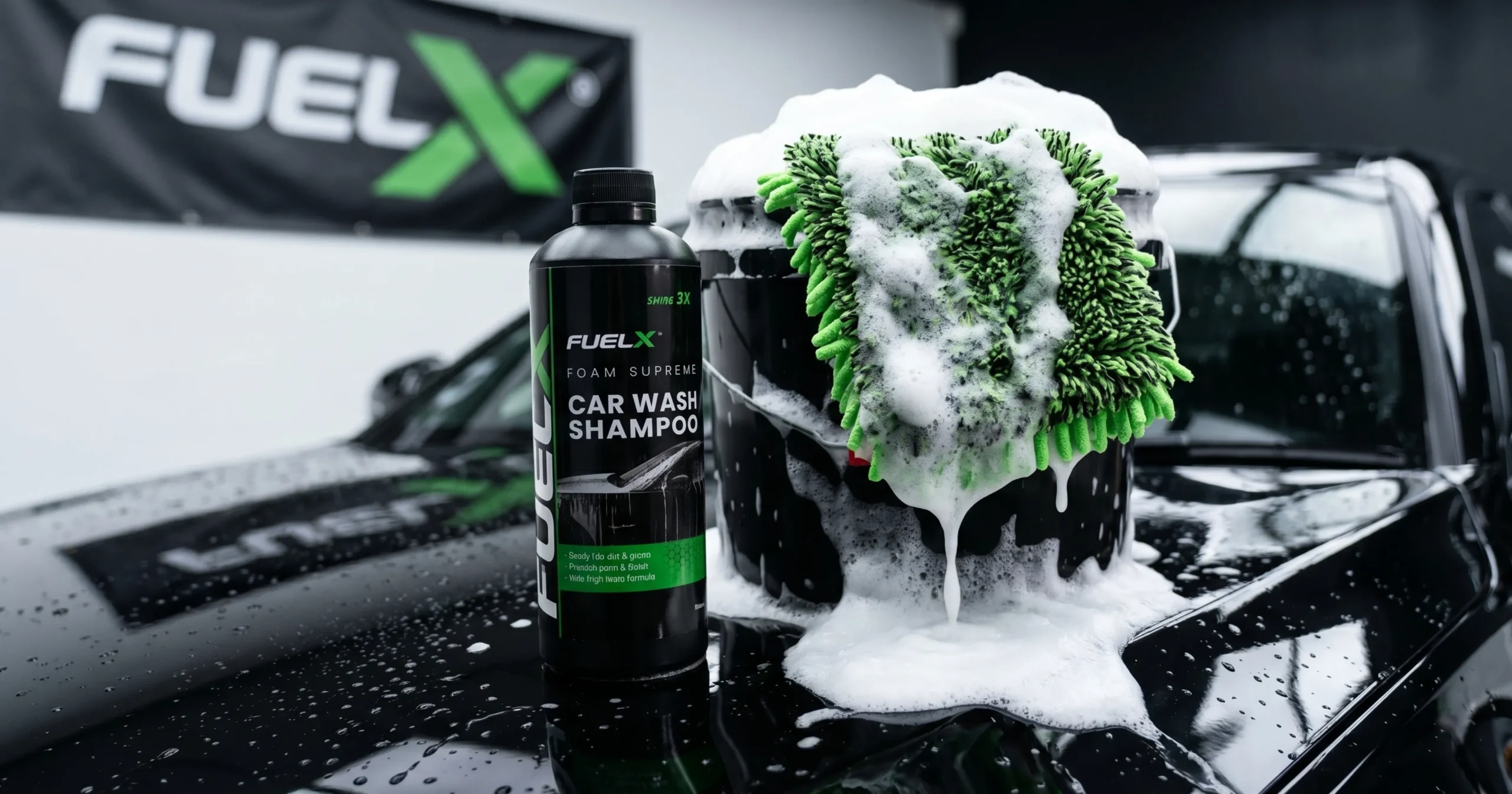 Best Car Wash Shampoo in Pakistan (2026 Guide for Shine, Protection & Safe Cleaning) Car wash shampoo with microfiber mitt and foam bucket