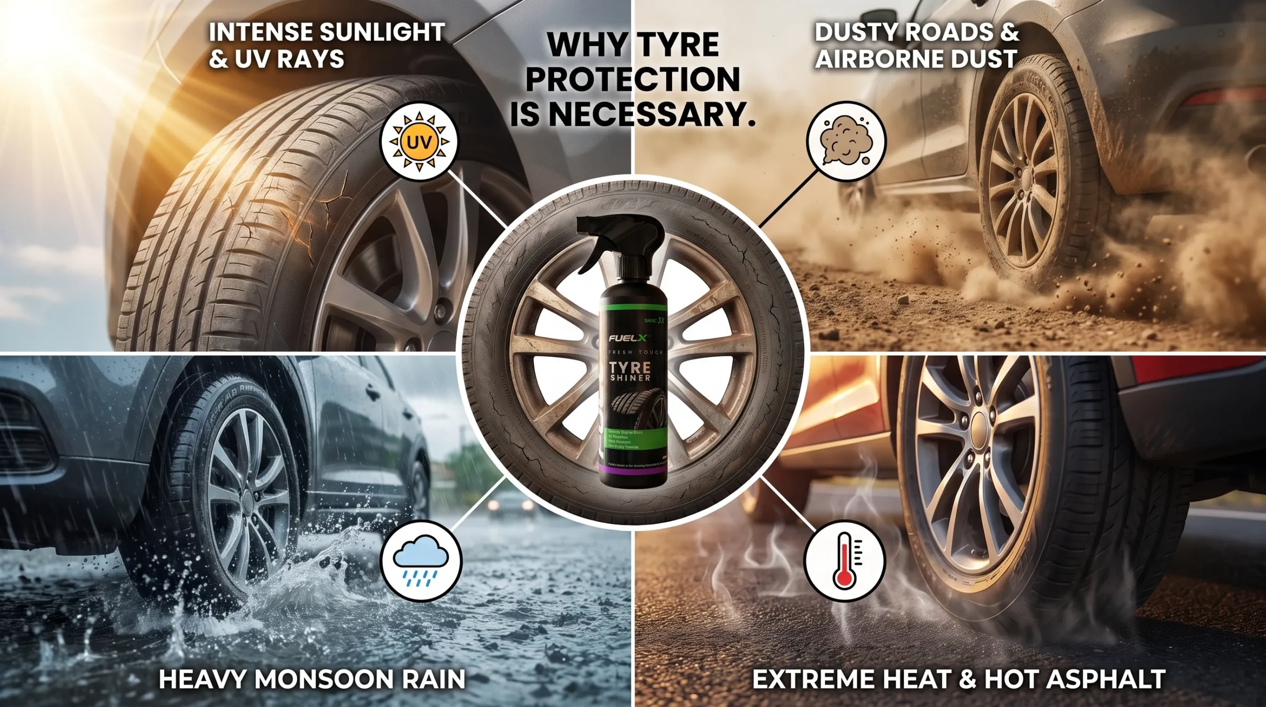 Best Tyre Shiner in Pakistan: Complete Buying Guide for Long-Lasting Shine & Protection (2026) pakistan weather tyre damage 1 scaled